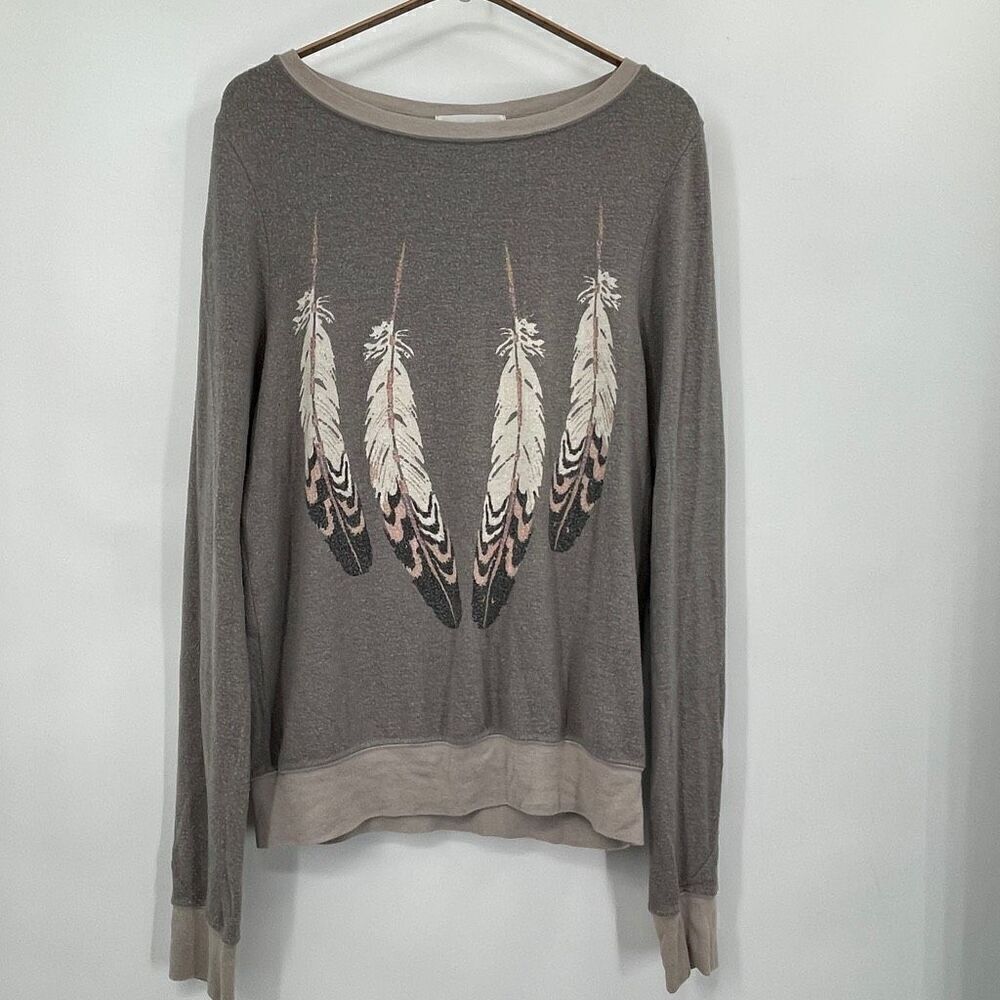 Wild Fox Gray Feather Graphic Print Oversized Pullover Sweatshirt Size XS - Picture 2 of 7